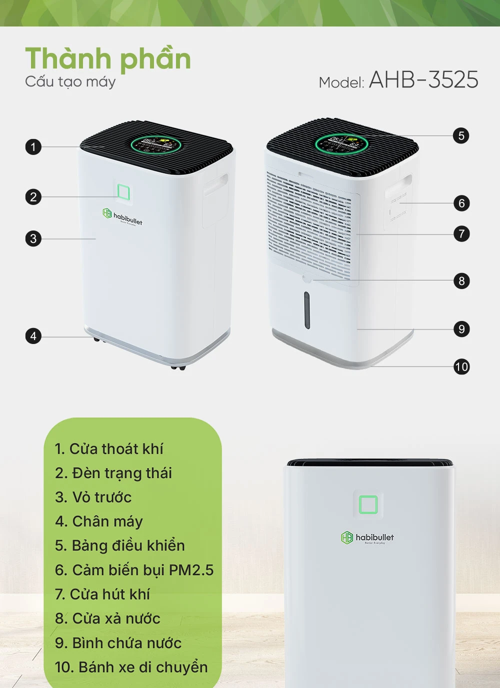 Máy hút ẩm gia đình Habibullet Max Air AHB-3525 45 lít/ngày BH245147 1